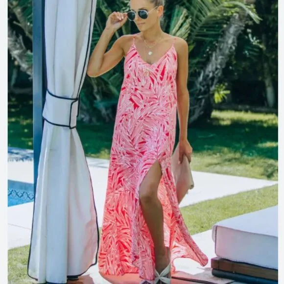 Vici Red White Palm Print Maxi Dress Sleeveless EUC Women's Small S Leg Slit - Picture 1 of 15